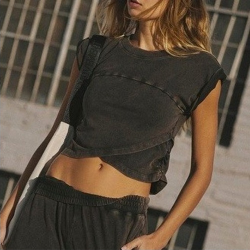 Free People Medium Black Cropped Short Sleeve Tee Golden Hour Top Grunge Style
